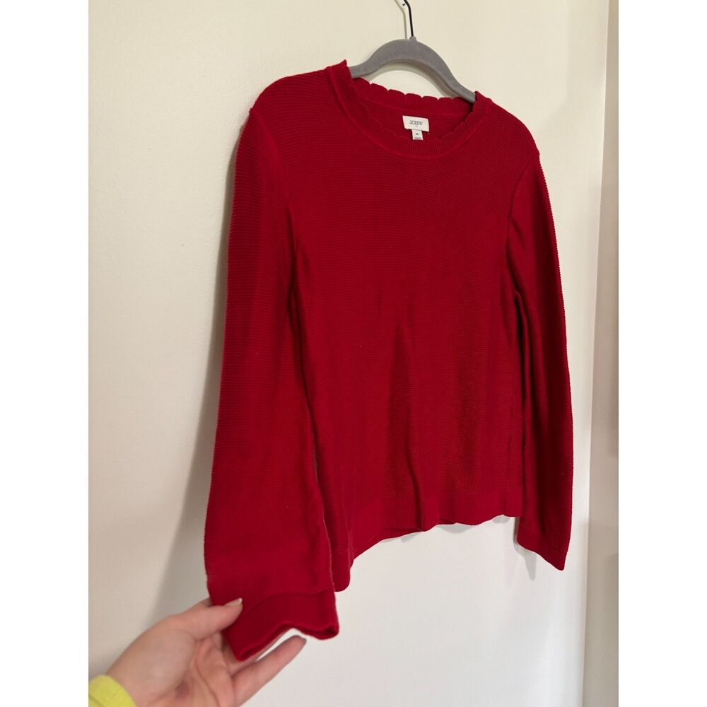 J.Crew Red Sweater Scallop Neck Cotton Classic Preppy Holiday Cozy Pullover M